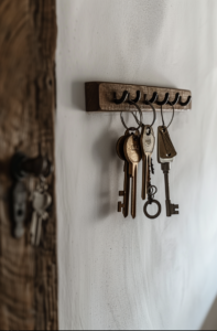 Location-Keasy-conciergerie Porte clés murale en bois et petits crochets métaliques.