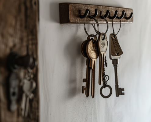 Porte clés murale en bois et petits crochets métaliques.
