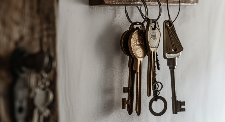 Porte clés murale en bois et petits crochets métaliques.