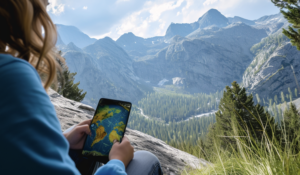 livret d’accueil-Keasy-tourisme Paysage montagneux, une fille est en premier plan et tient une tablette sur laquelle il y a une carte.